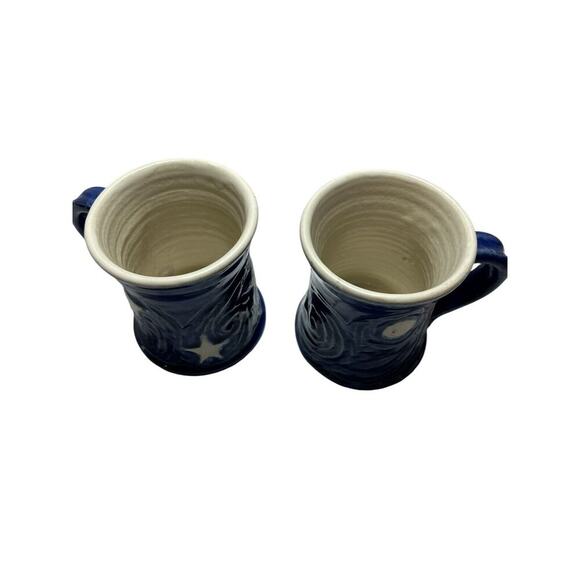 Handmade Art Ceramic Pottery Pair Of Sun And Moon Mugs Blue And White 2 Cups - Picture 3 of 13